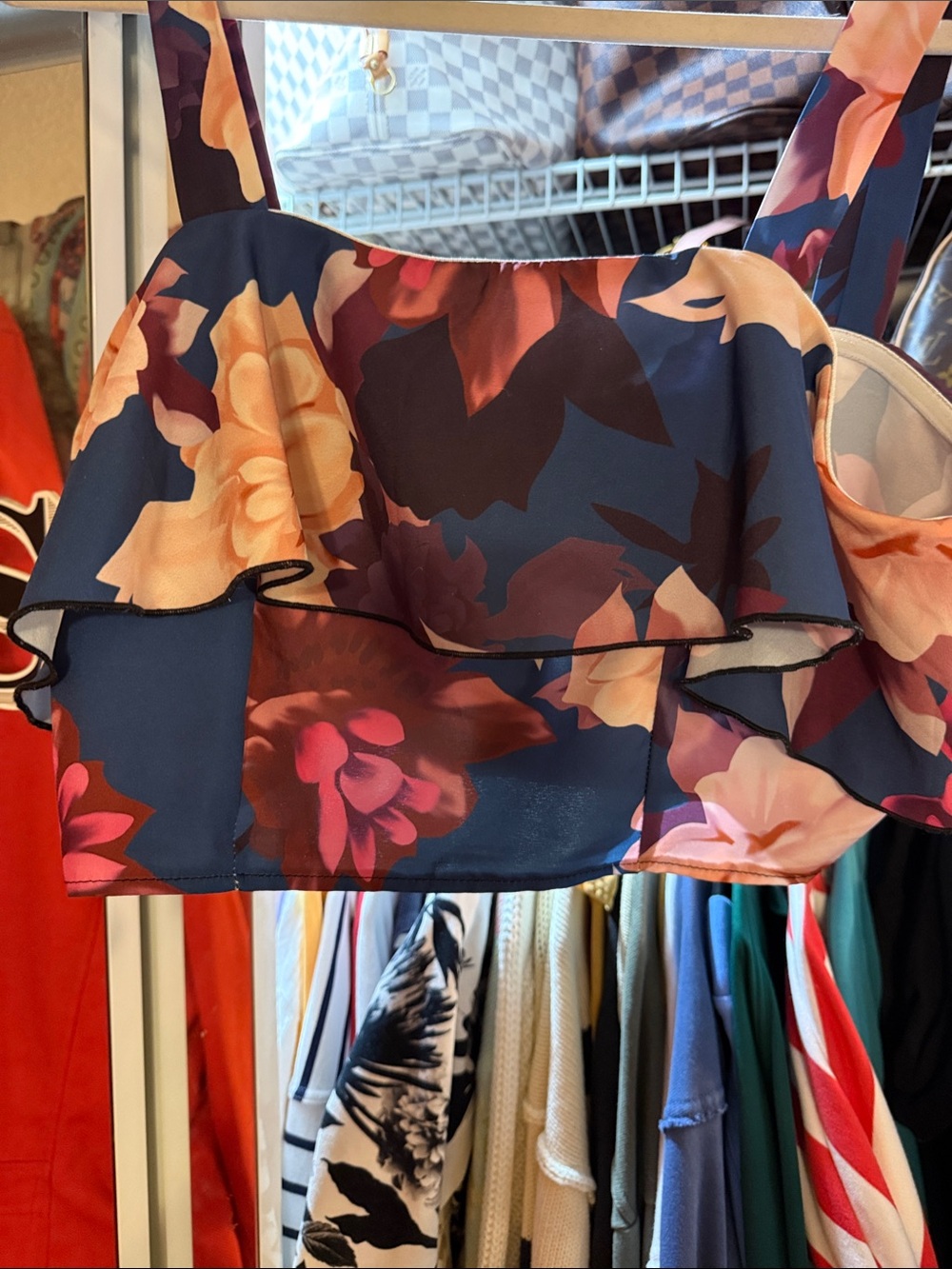 Source Unknown Navy Floral Ruffle Crop Top with Pink and Cream Blooms
